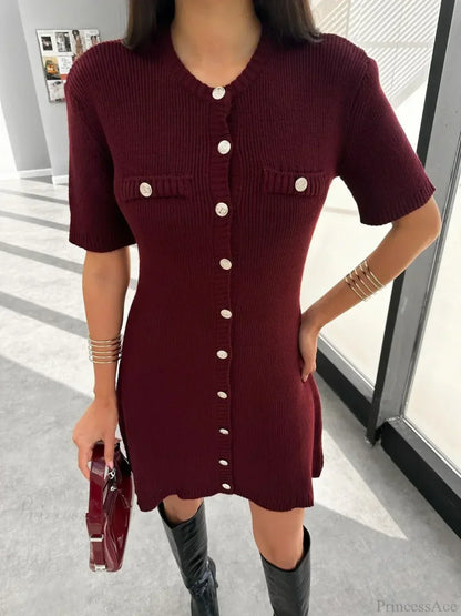 Ribbed Knit Button Front Pocket Detail Mini Dress