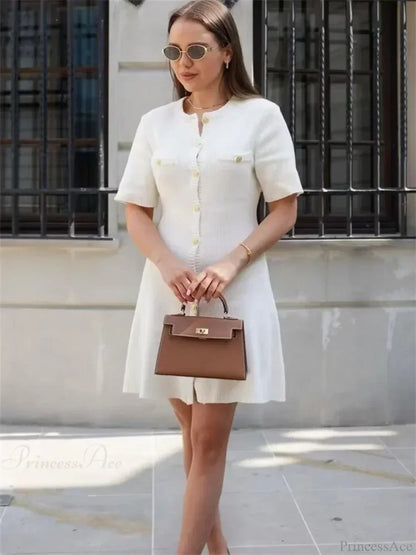 Ribbed Knit Button Front Pocket Detail Mini Dress
