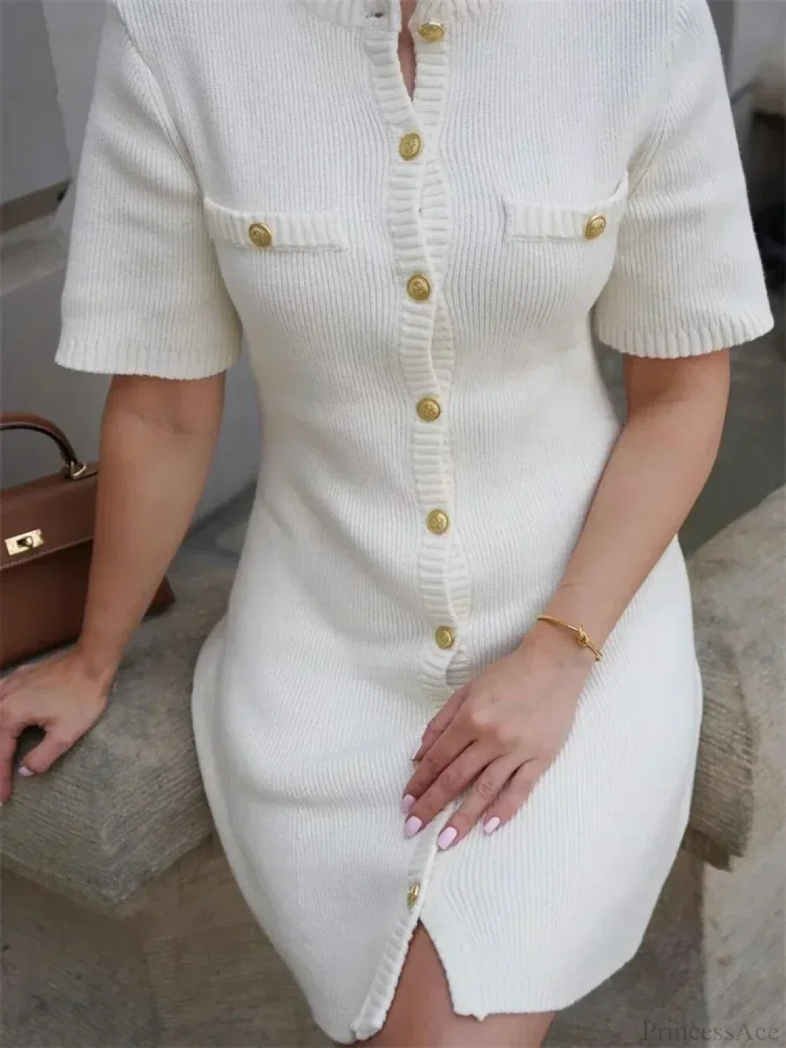 Ribbed Knit Button Front Pocket Detail Mini Dress