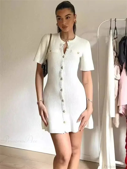 Ribbed Knit Button Front Pocket Detail Mini Dress