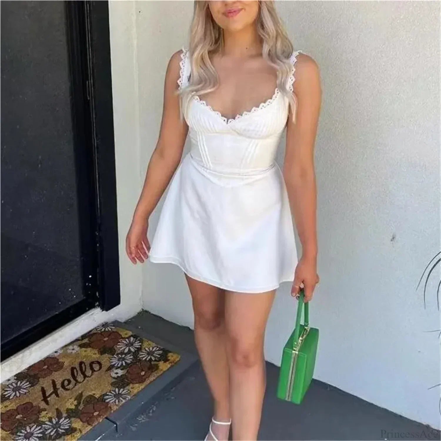 Sweetheart Neck Eyelet Lace Trim Rib Knit Tiered Hem Mini Dress