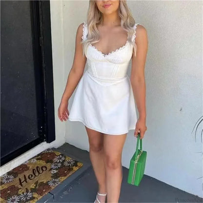 Sweetheart Neck Eyelet Lace Trim Rib Knit Tiered Hem Mini Dress