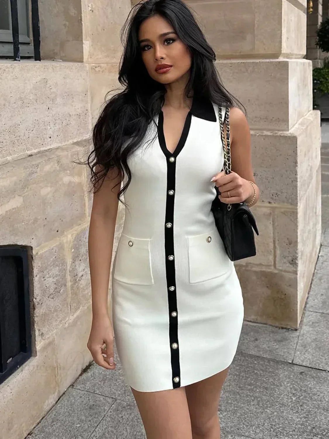 Collared Contrast Trim Button Front Sleeveless Mini Dress