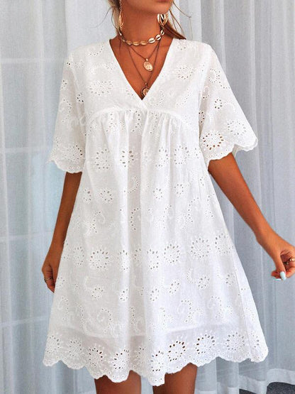 Eyelet Lace Scalloped Deep V-Neck Empire Waist Babydoll Mini Dress