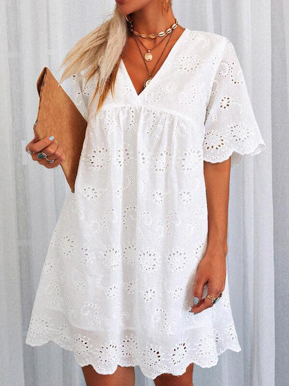Eyelet Lace Scalloped Deep V-Neck Empire Waist Babydoll Mini Dress