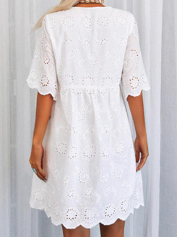 Eyelet Lace Scalloped Deep V-Neck Empire Waist Babydoll Mini Dress