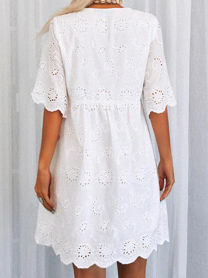 Eyelet Lace Scalloped Deep V-Neck Empire Waist Babydoll Mini Dress