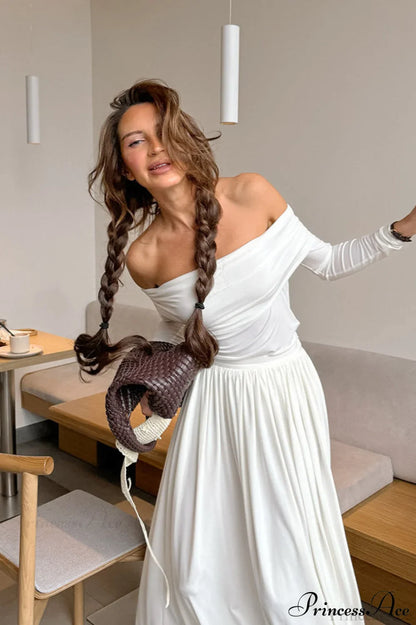 White Long Sleeve Off Shoulder Strapless Maxi Dress