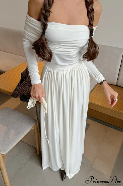 White Long Sleeve Off Shoulder Strapless Maxi Dress