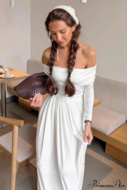 White Long Sleeve Off Shoulder Strapless Maxi Dress