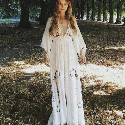 White Maxi Dress Deep V-neck Floral Embroidery Cotton Rayon Summer Dress