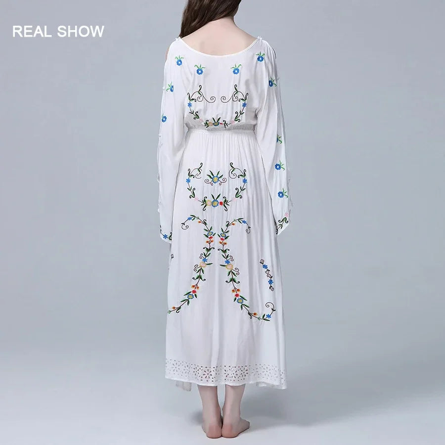 White Maxi Dress Deep V-neck Floral Embroidery Cotton Rayon Summer Dress