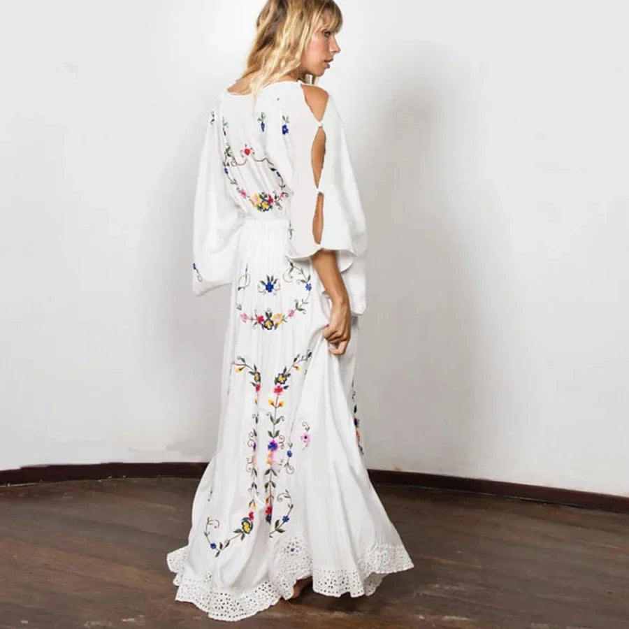 White Maxi Dress Deep V-neck Floral Embroidery Cotton Rayon Summer Dress
