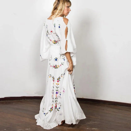 White Maxi Dress Deep V-neck Floral Embroidery Cotton Rayon Summer Dress
