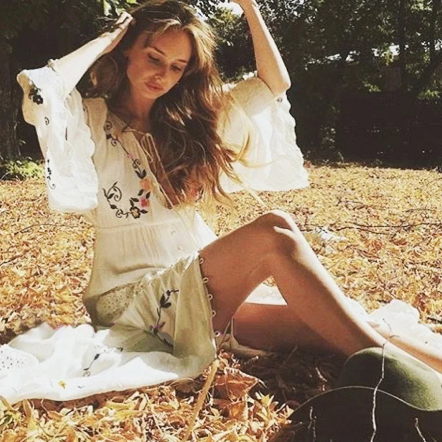 White Maxi Dress Deep V-neck Floral Embroidery Cotton Rayon Summer Dress