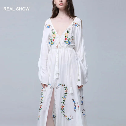 White Maxi Dress Deep V-neck Floral Embroidery Cotton Rayon Summer Dress