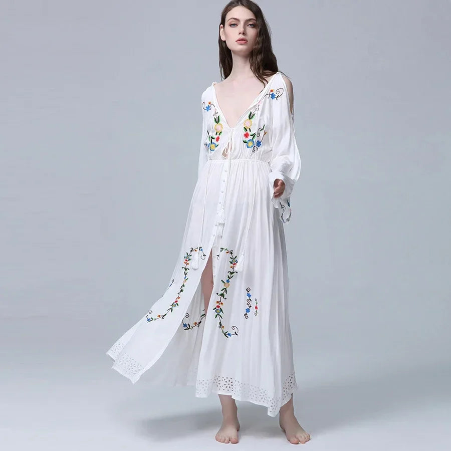 White Maxi Dress Deep V-neck Floral Embroidery Cotton Rayon Summer Dress