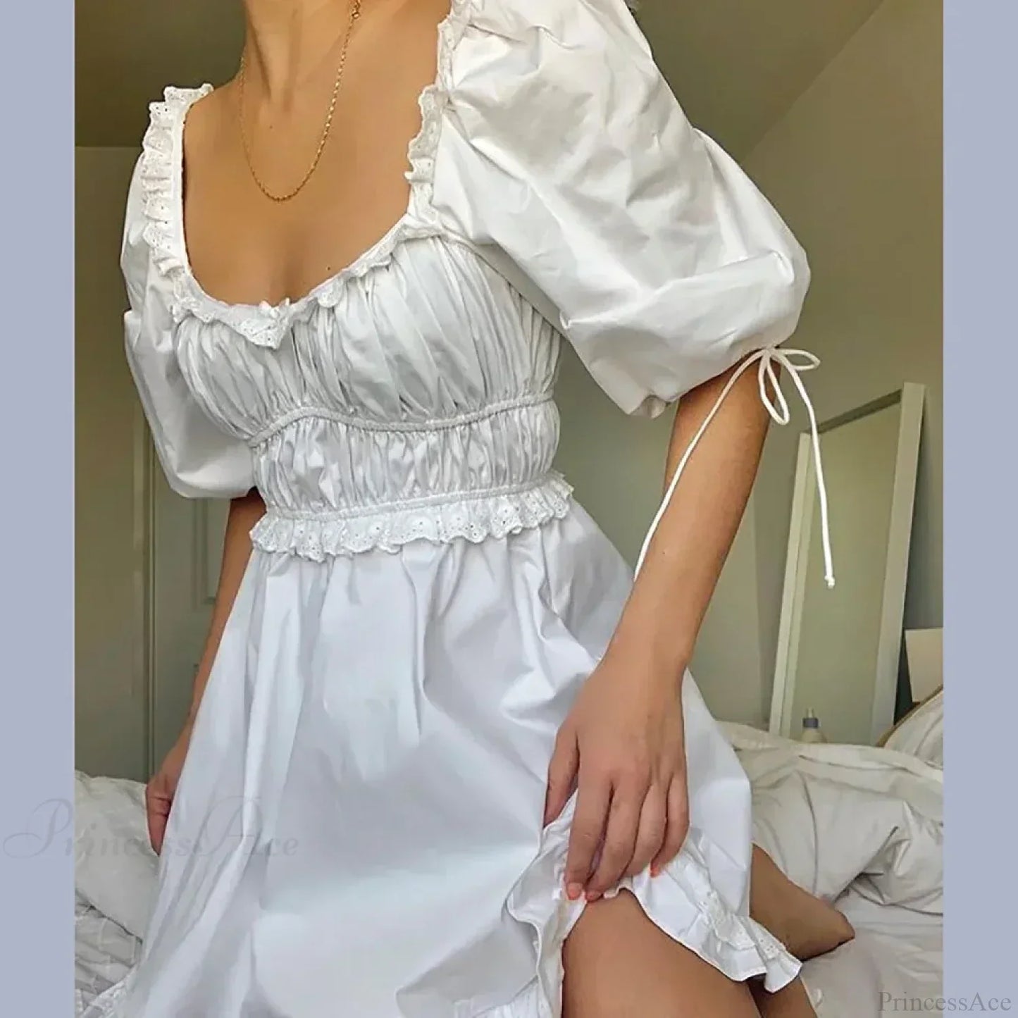 Square Neck Puff Sleeve Smocked Waist Ruffle Hem Mini Dress