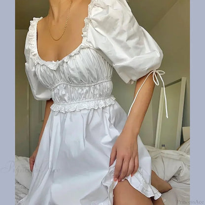Square Neck Puff Sleeve Smocked Waist Ruffle Hem Mini Dress