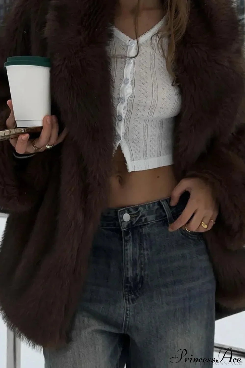 White Tip-Dyed Faux Fox Fur Mid-Length Coat