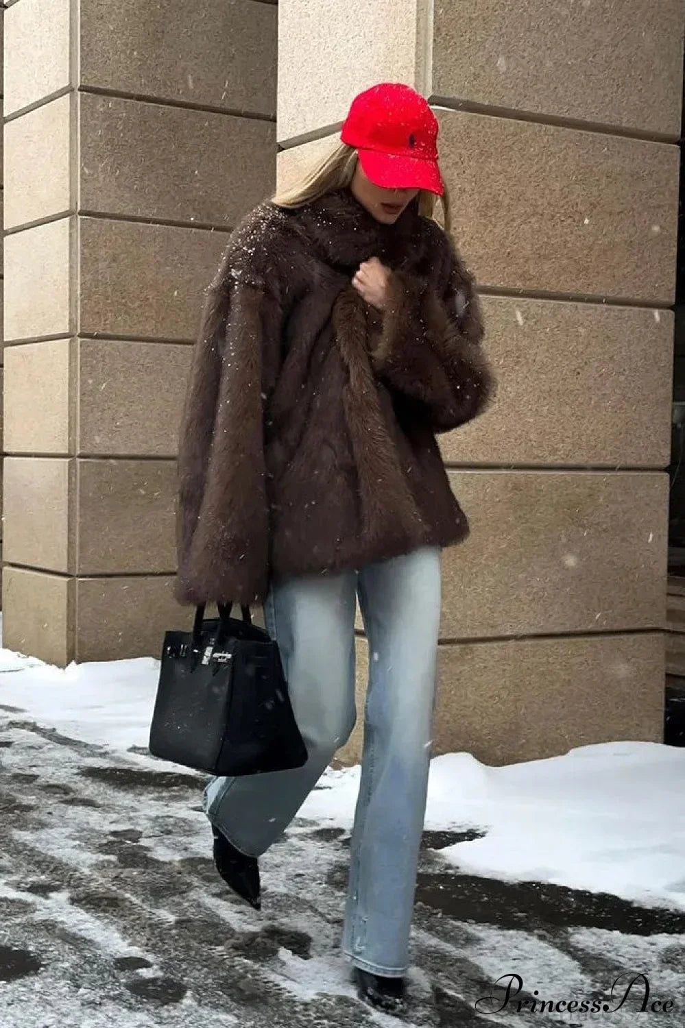 White Tip-Dyed Faux Fox Fur Mid-Length Coat