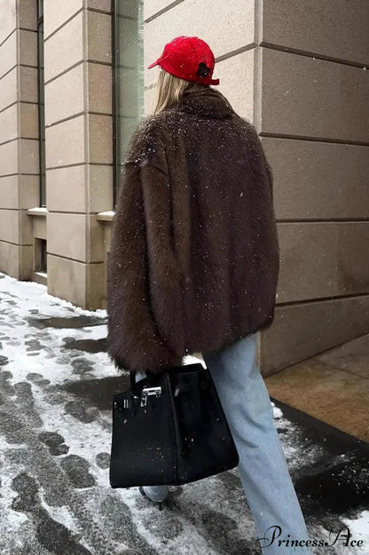 White Tip-Dyed Faux Fox Fur Mid-Length Coat