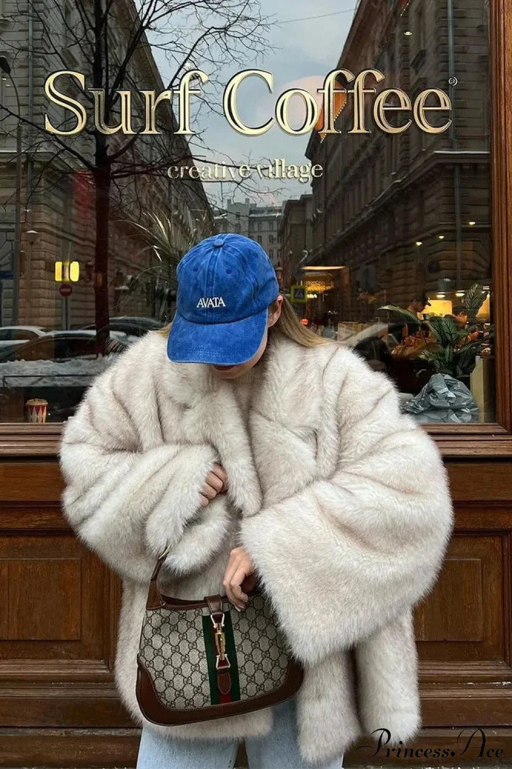 White Tip-Dyed Faux Fox Fur Mid-Length Coat