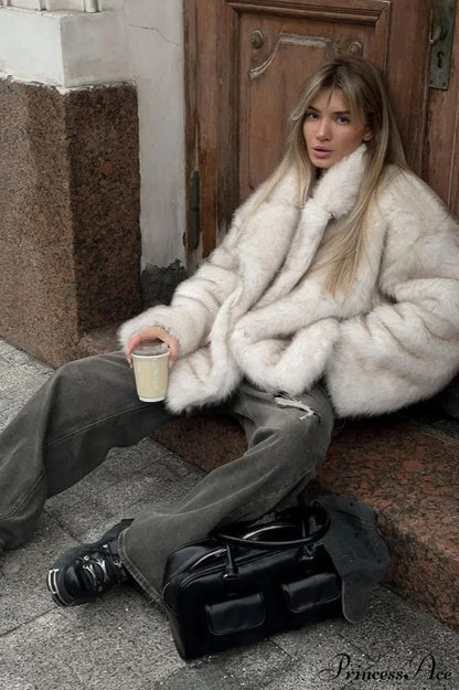 White Tip-Dyed Faux Fox Fur Mid-Length Coat