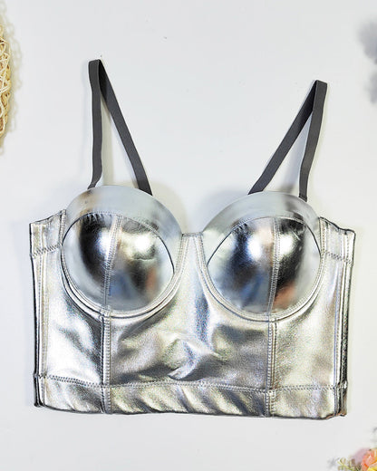 Fishbone Fluorescent Pu Leather Halter Top