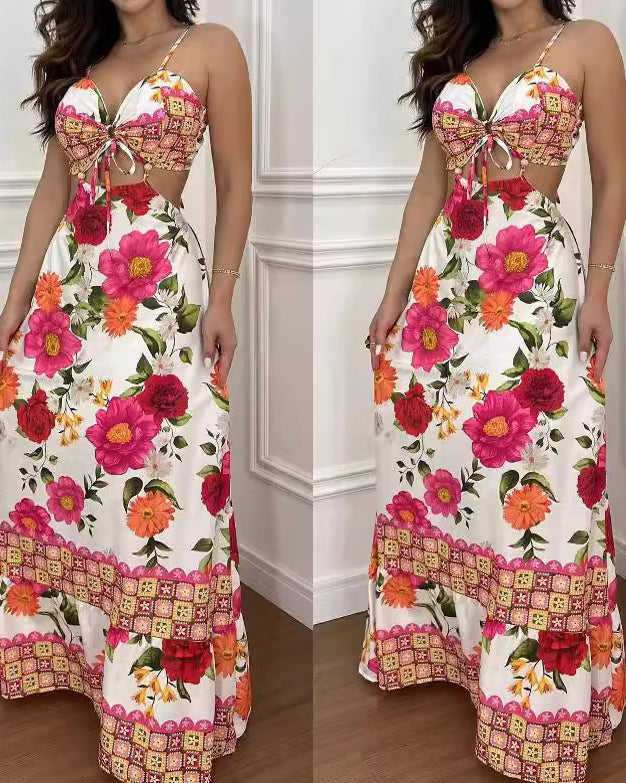 Floarl Print V Neck Lace Up Hollow Out Vaction Backless Maxi Dress