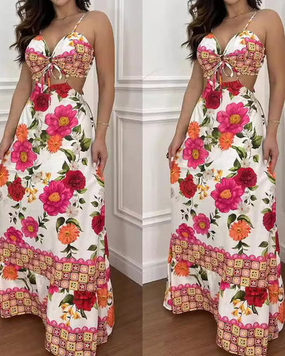 Floarl Print V Neck Lace Up Hollow Out Vaction Backless Maxi Dress