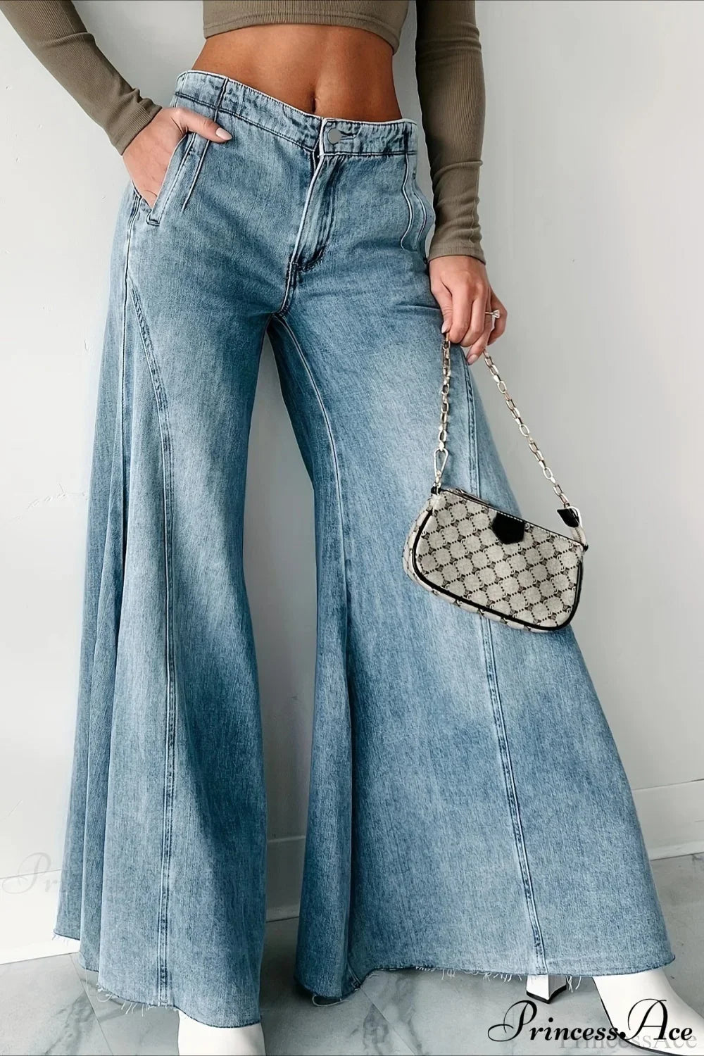 Wide Leg Washed Denim Elegant Simple Jeans