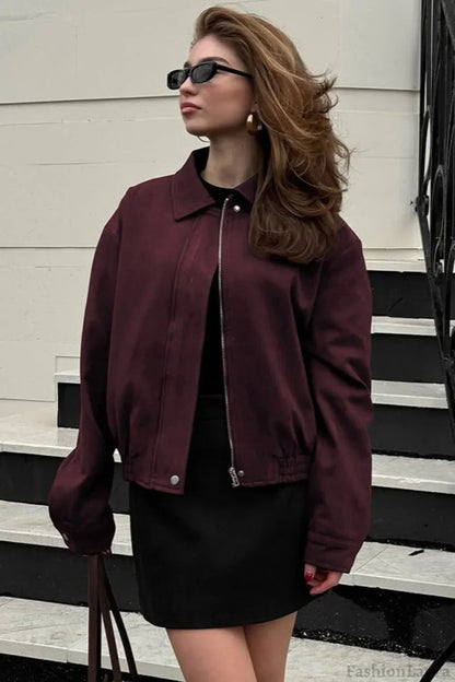 Wine Red Suede Utility Jacket