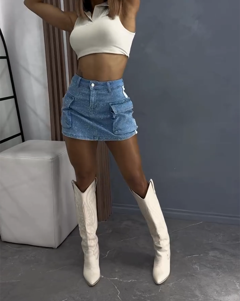 Diamond-Studded Slim-Fit Denim Culottes (Pre-Sale)