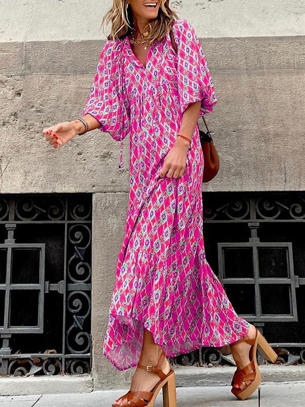 Geometric Print Wrap V Neck Puff Sleeve Tiered Maxi Dress