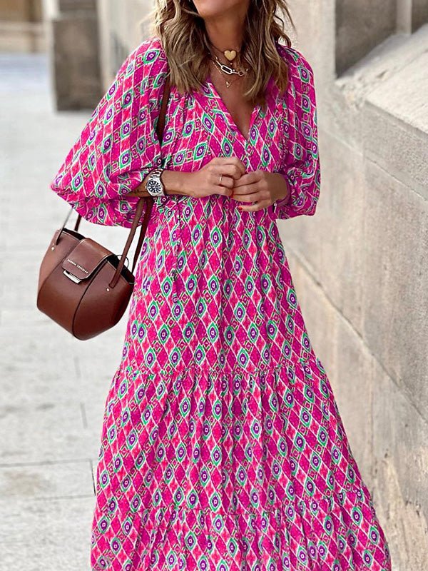 Geometric Print Wrap V Neck Puff Sleeve Tiered Maxi Dress