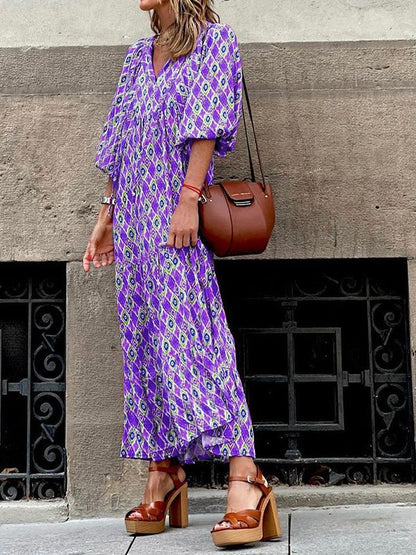 Geometric Print Wrap V Neck Puff Sleeve Tiered Maxi Dress