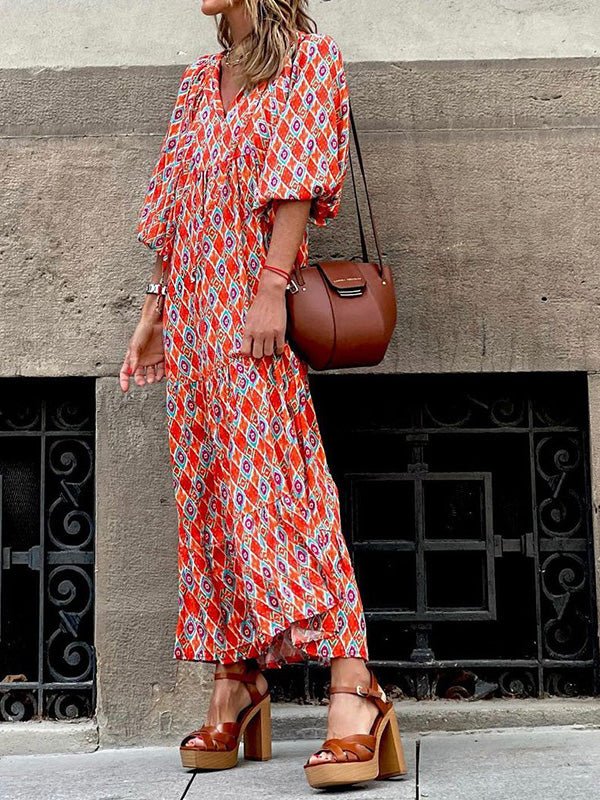 Geometric Print Wrap V Neck Puff Sleeve Tiered Maxi Dress