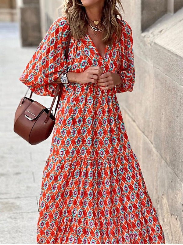 Geometric Print Wrap V Neck Puff Sleeve Tiered Maxi Dress