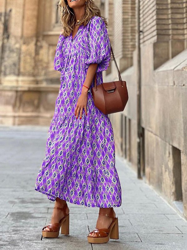 Geometric Print Wrap V Neck Puff Sleeve Tiered Maxi Dress