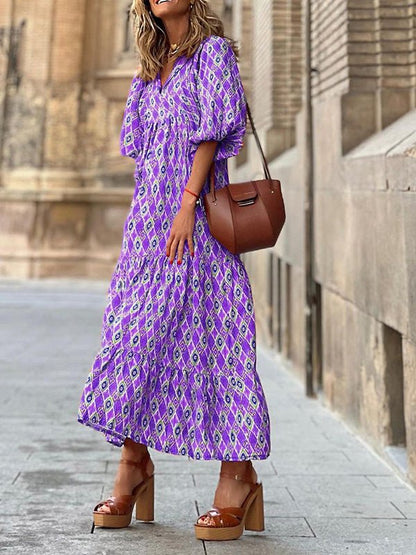 Geometric Print Wrap V Neck Puff Sleeve Tiered Maxi Dress