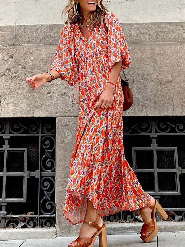Geometric Print Wrap V Neck Puff Sleeve Tiered Maxi Dress