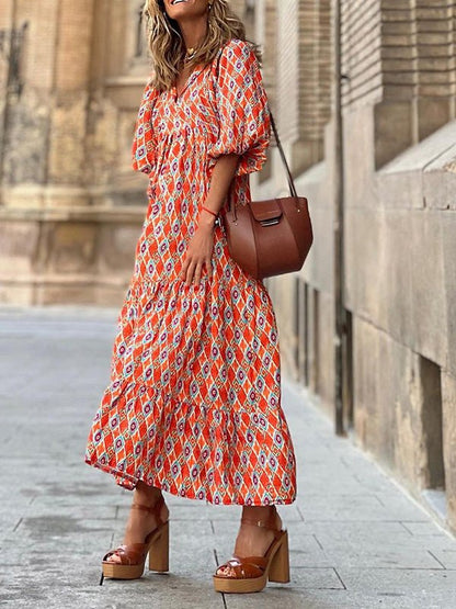 Geometric Print Wrap V Neck Puff Sleeve Tiered Maxi Dress