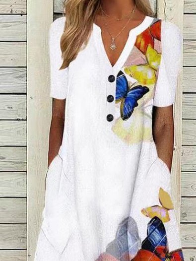 Butterfly Print V-Neck Button Front Short Sleeve Pocket Midi Dress