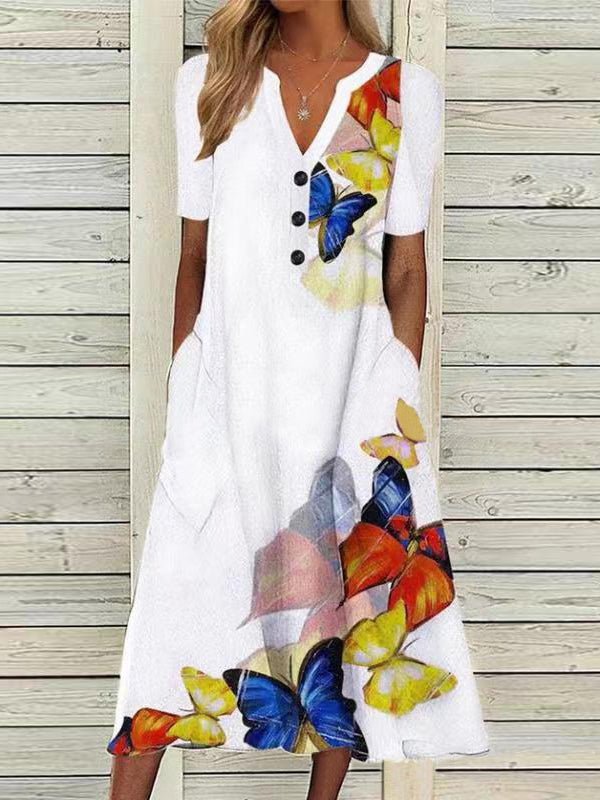 Butterfly Print V-Neck Button Front Short Sleeve Pocket Midi Dress