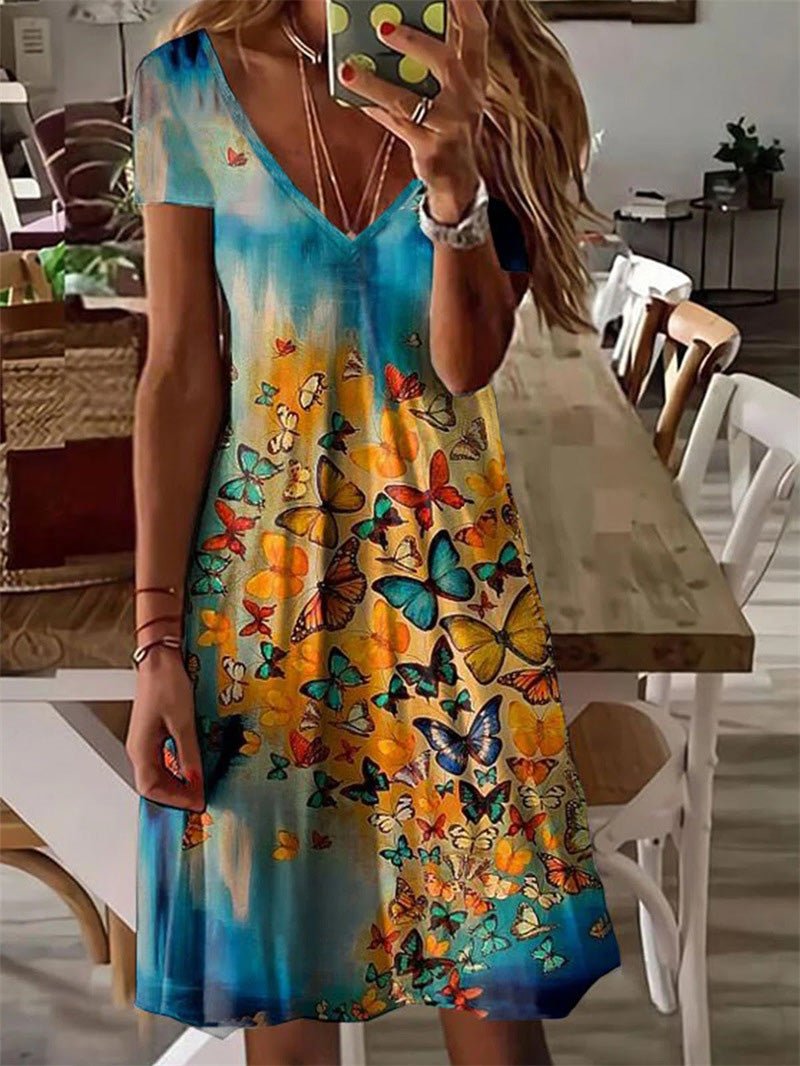 Butterfly Print V-Neck Short Sleeve Shift Mini Dress