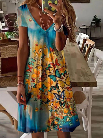 Butterfly Print V-Neck Short Sleeve Shift Mini Dress