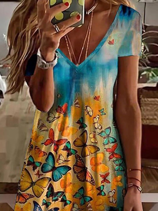 Butterfly Print V-Neck Short Sleeve Shift Mini Dress