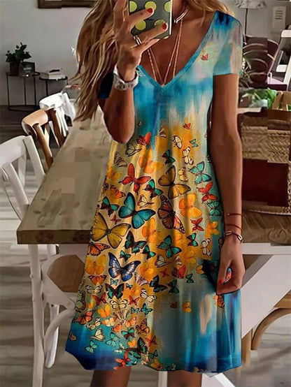 Butterfly Print V-Neck Short Sleeve Shift Mini Dress