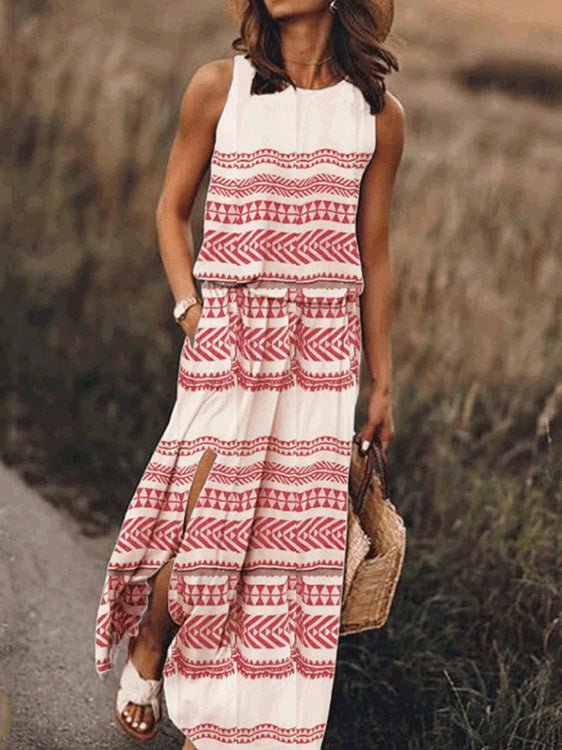 Geometric Tribal Print Crew Neck Sleeveless Pocket Side Slit Maxi Dress